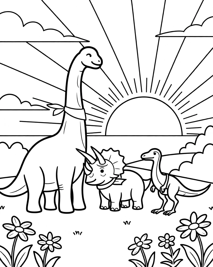 A group of dinosaurs watching a beautiful prehistoric sunset