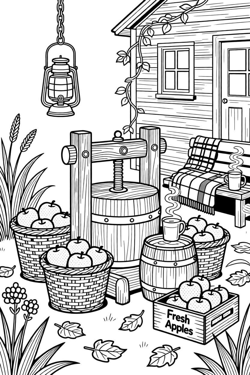A cozy autumn cider-pressing scene with baskets of freshly picked apples.