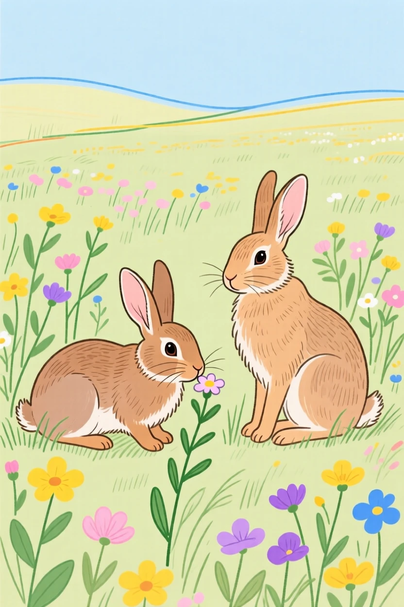 A pair of rabbits exploring near a wildflower field in early spring.