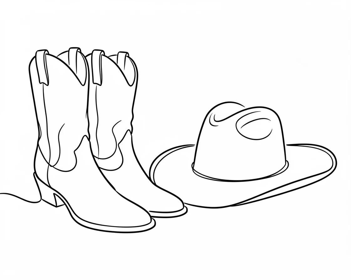 A pair of cowboy boots standing beside a wide-brimmed felt hat
