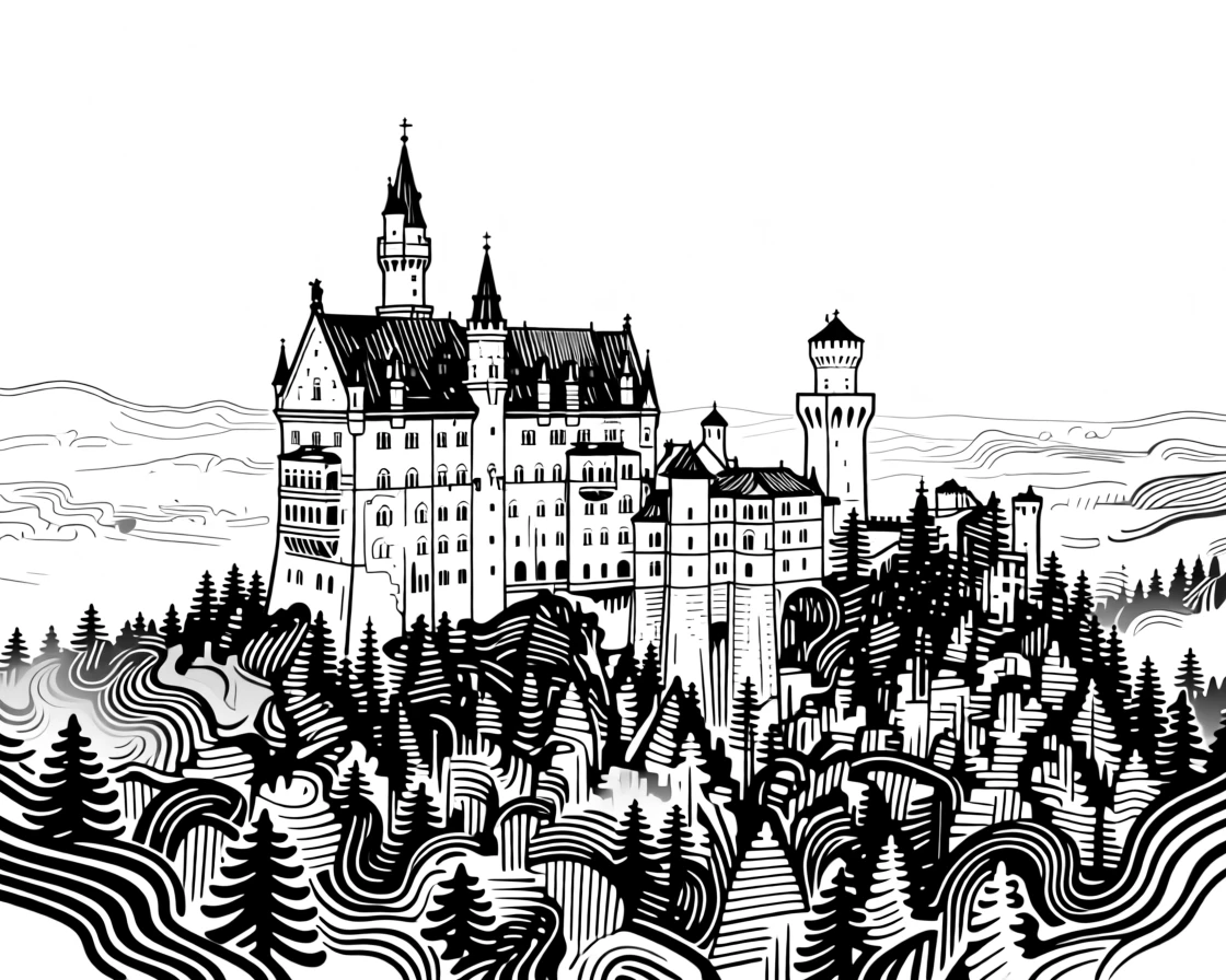 Neuschwanstein Castle rising from a forested hillside in the fog.