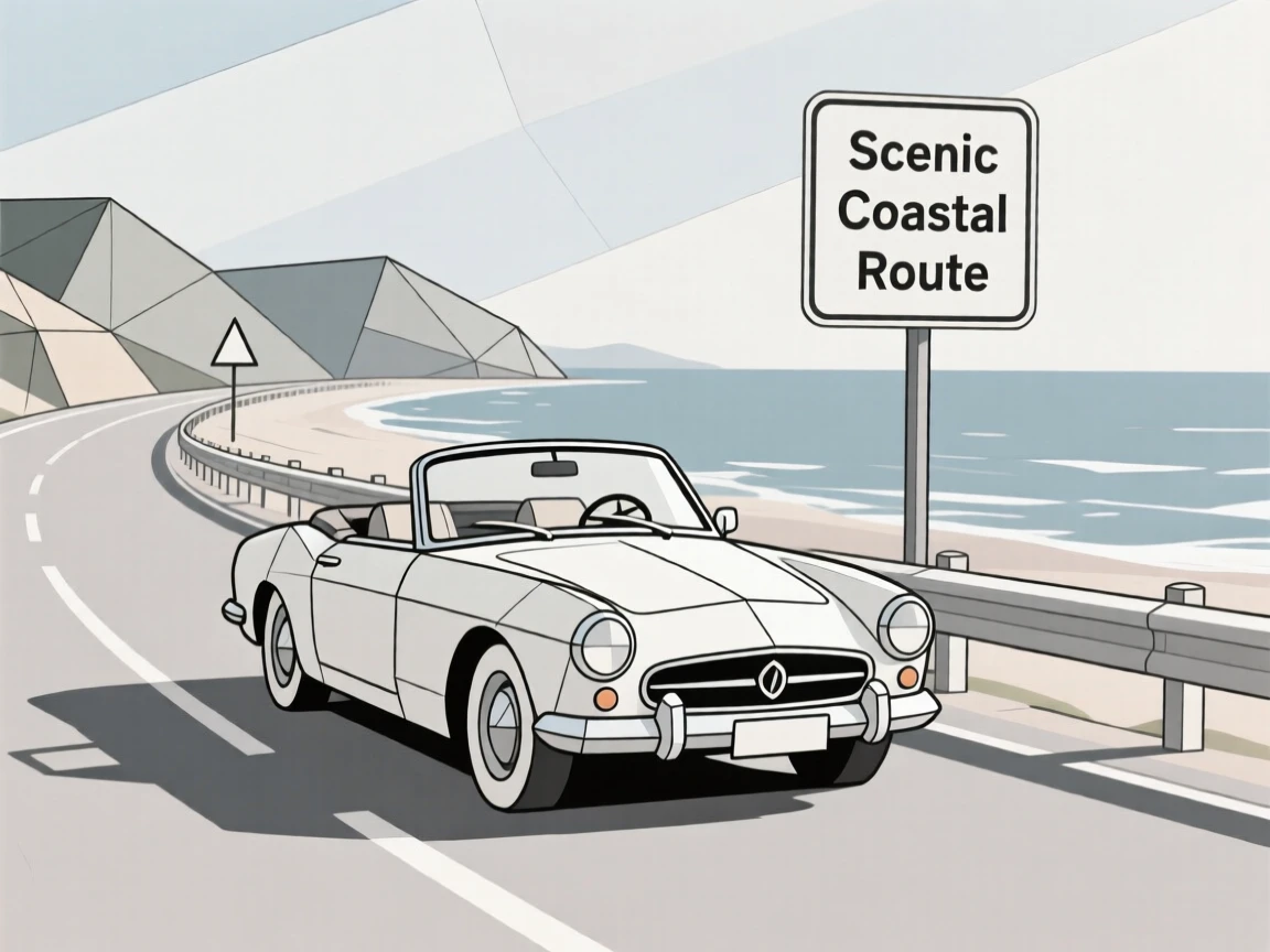 A vintage convertible driving along a scenic coastal road