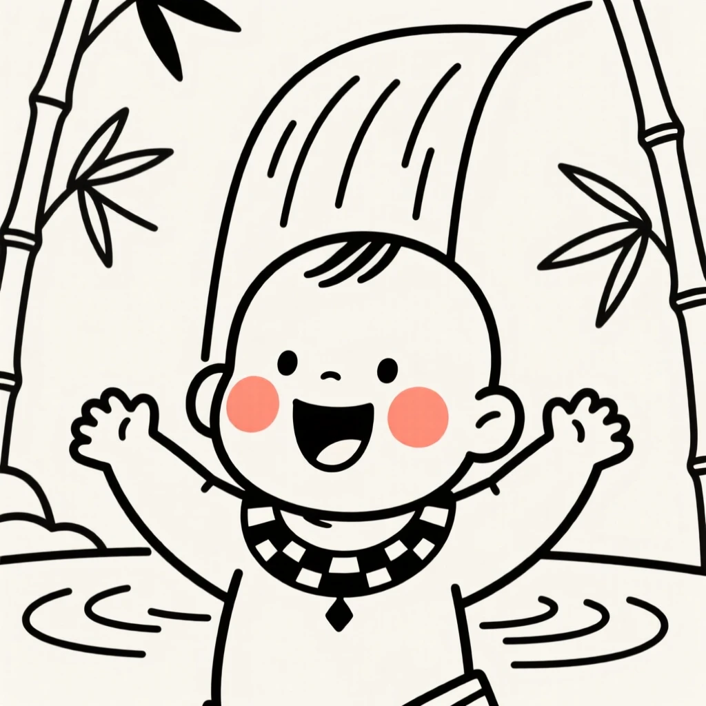 A giggling infant of Japanese heritage wearing a Maasai beaded collar, bursting with excitement, by a waterfall in the jungle.