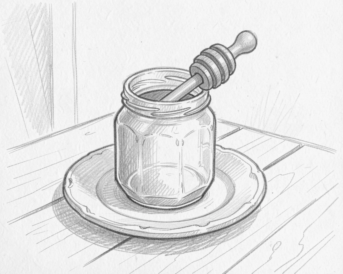 A cozy food scene featuring a jar of honey with a wooden dipper on an outdoor garden table, with a rustic ceramic plate beneath it.