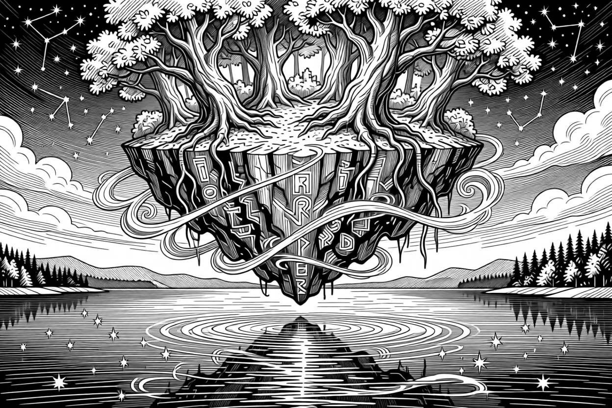 A floating island held aloft by ancient magic on the shore of a lake reflecting the stars, with reflections of starlight scattered across water, forming a richly imaginative fantasy scene.