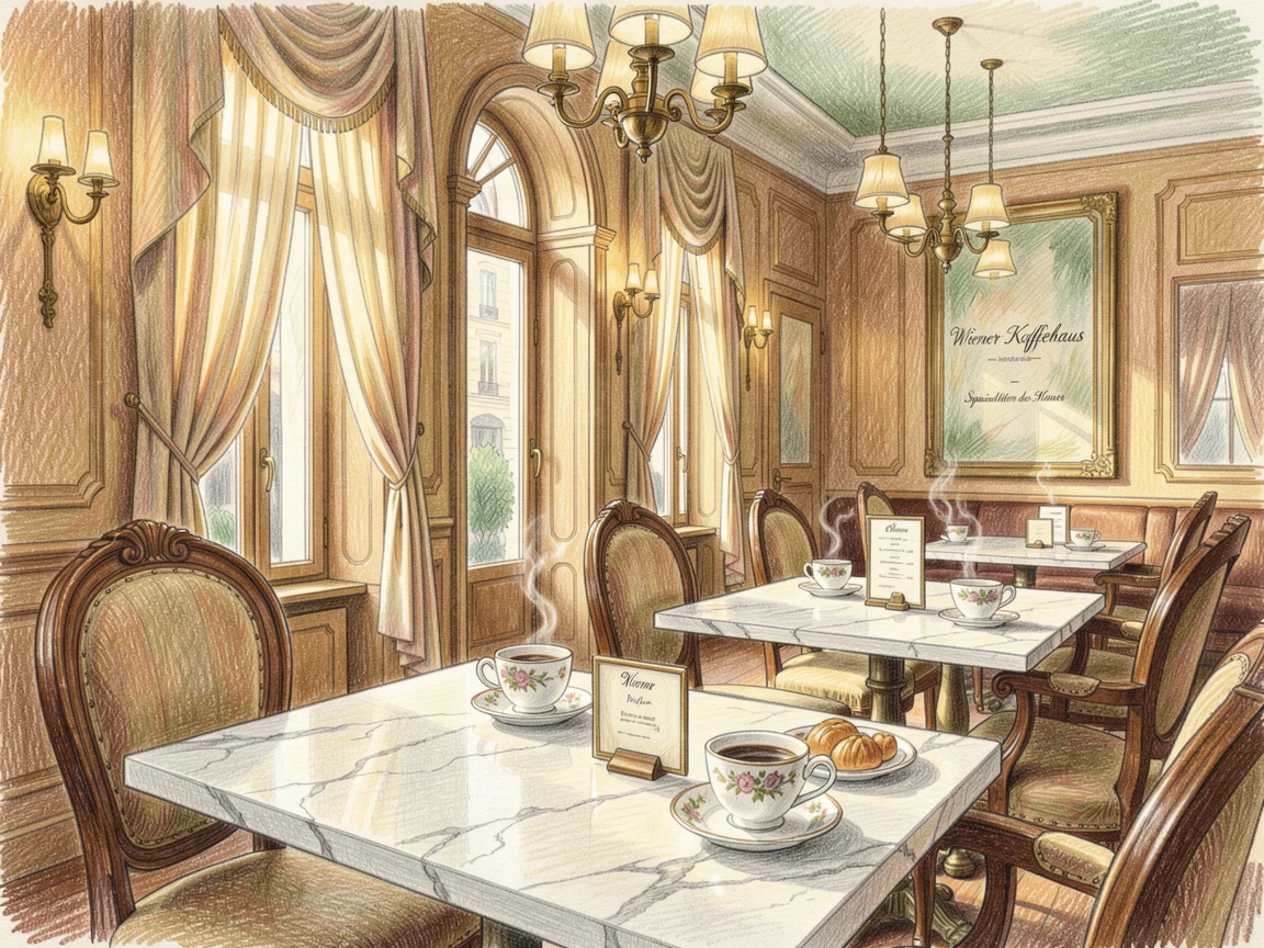 A Viennese coffeehouse with marble tables and classical charm, bathed in the warm glow of golden-hour light, perfect for anyone drawn to gentle, heartfelt imagery.