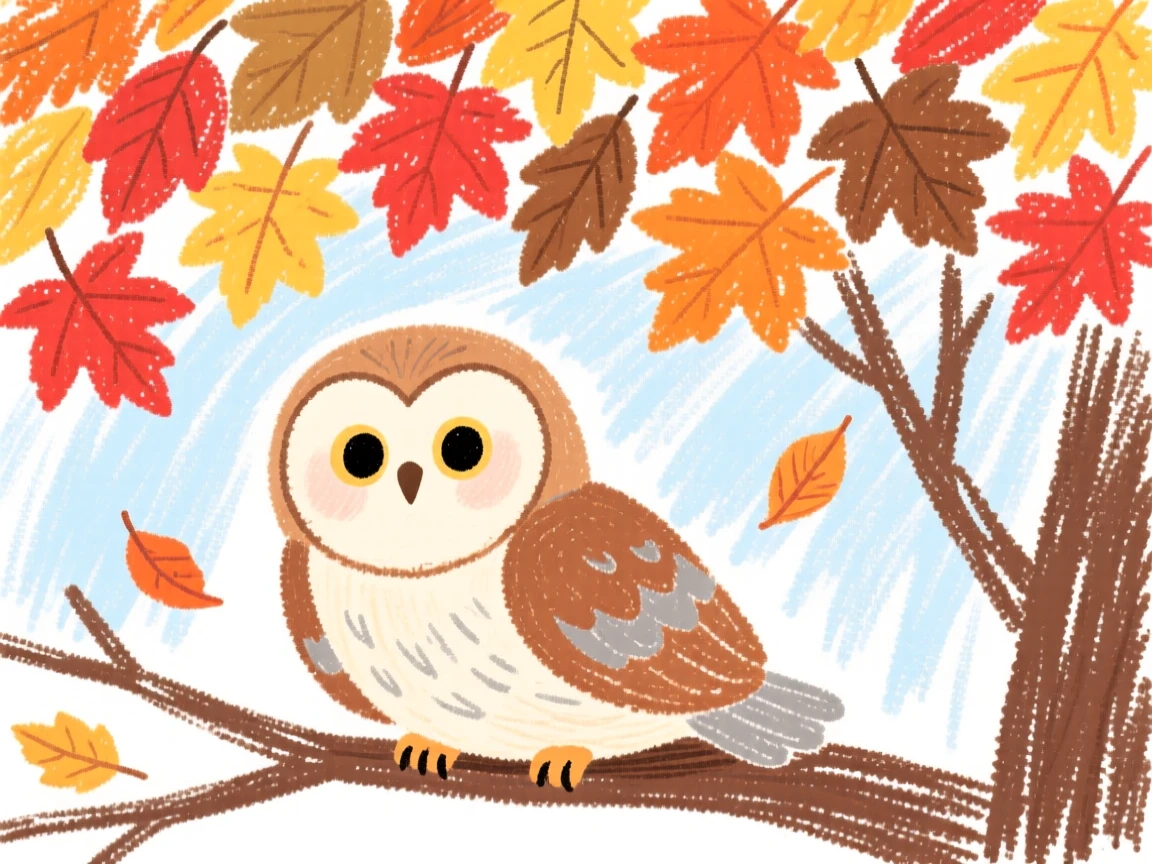 A barn owl resting quietly beneath a canopy of autumn leaves.