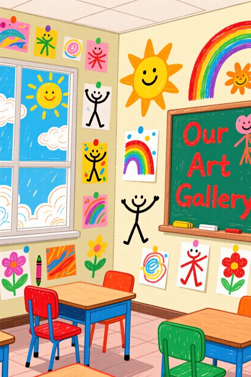 A classroom filled with children's colorful artwork on the walls.