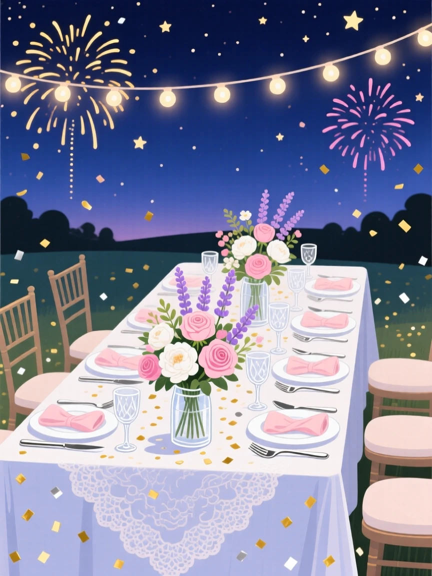 A festive bridal shower table with delicate floral centerpieces, set beneath a glowing night sky filled with celebration, arranged with confetti or lights adding sparkle to the scene, with a joyful sense of togetherness and celebration.