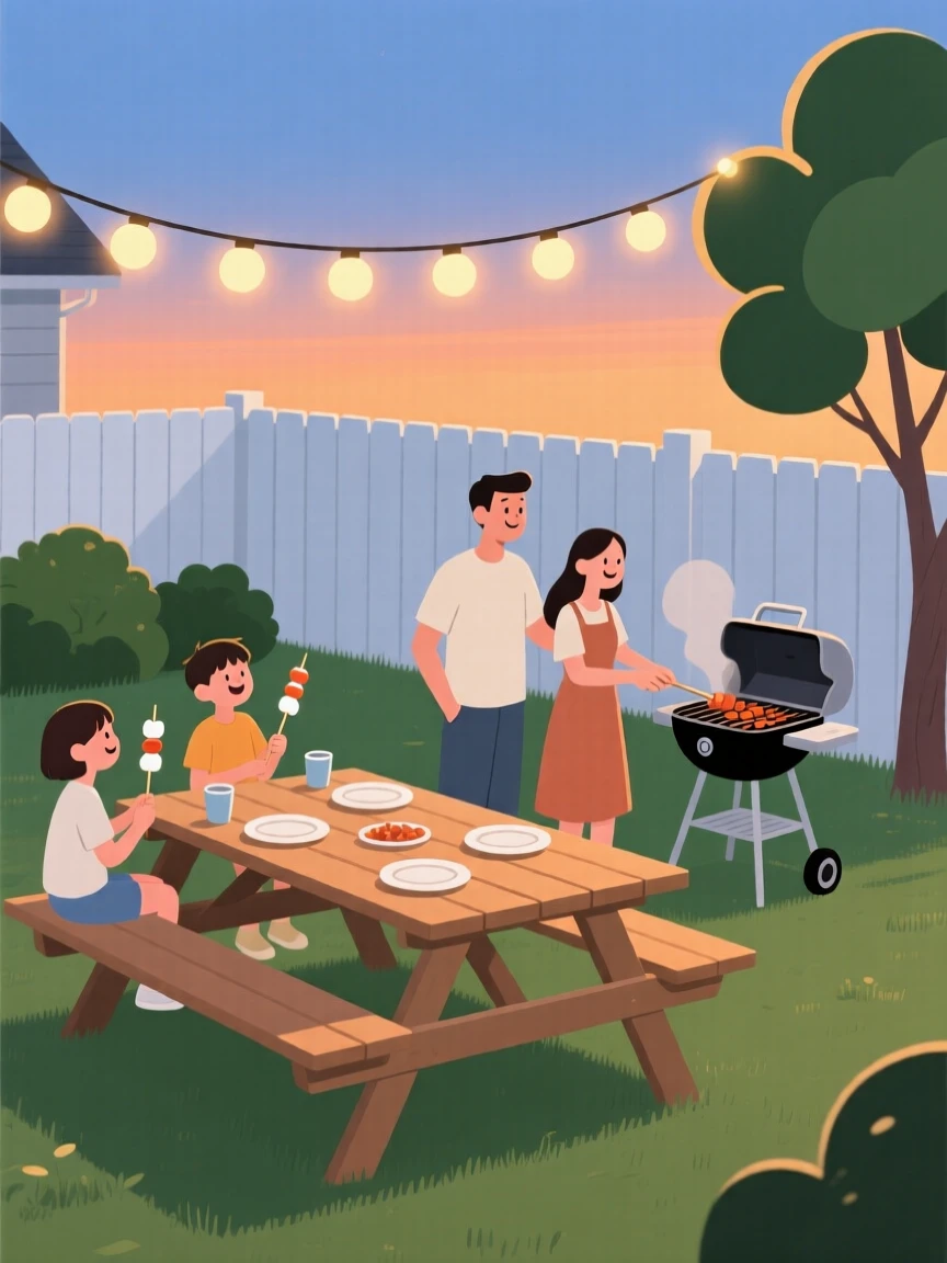 A summer evening barbecue with string lights glowing in a backyard.