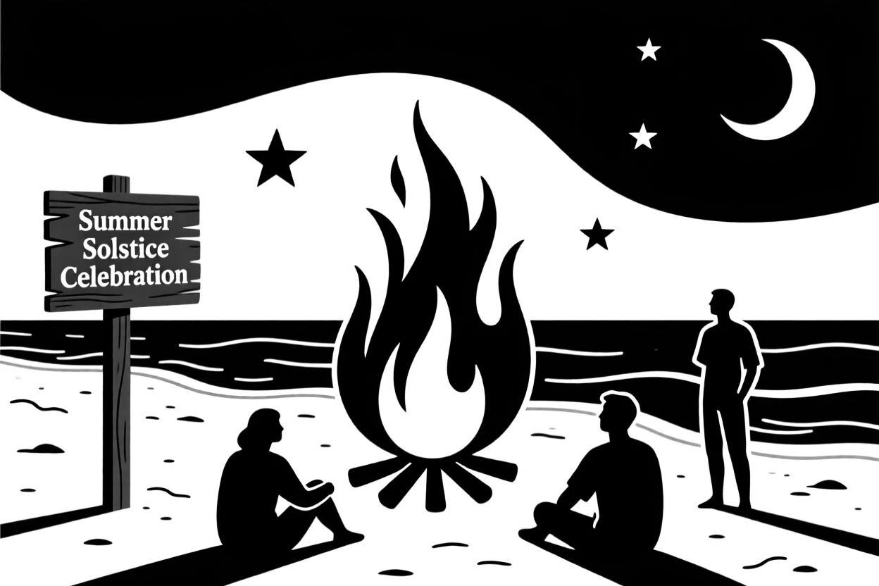 A summer solstice bonfire celebration on a beach.