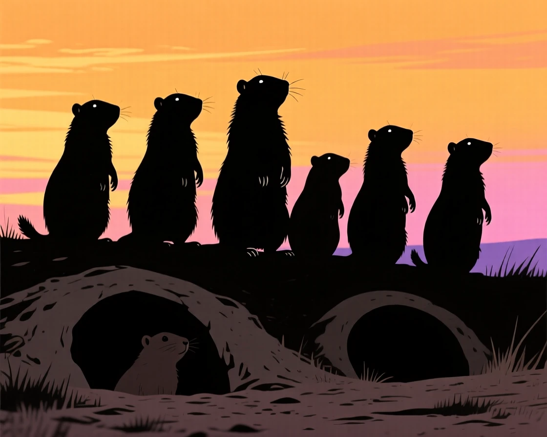 A group of prairie dogs standing alert outside their burrow entrances.