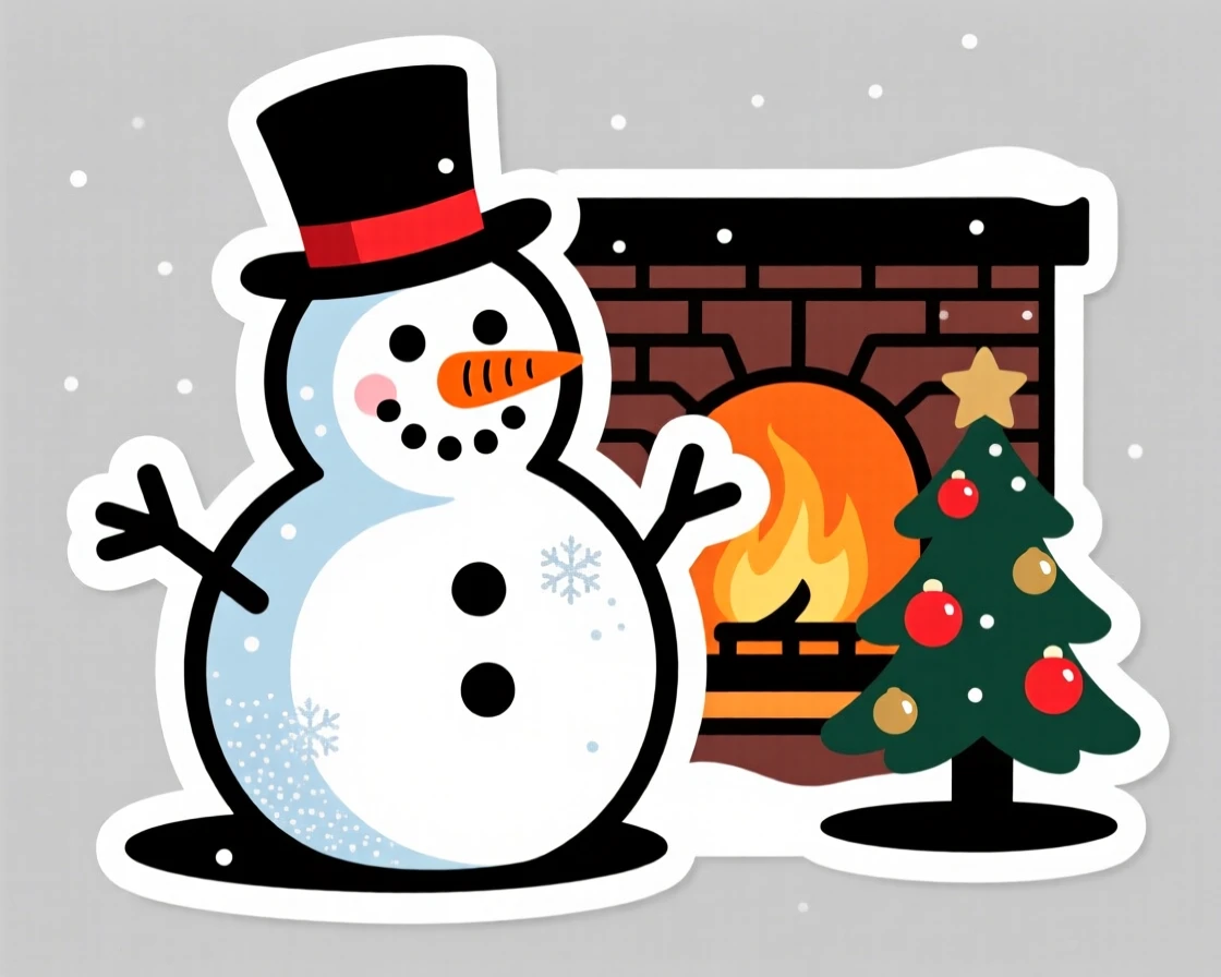 A spirited and joyful smiling snowman with a carrot nose and top hat, with a light dusting of glittering snow, on a cozy holiday evening at home.