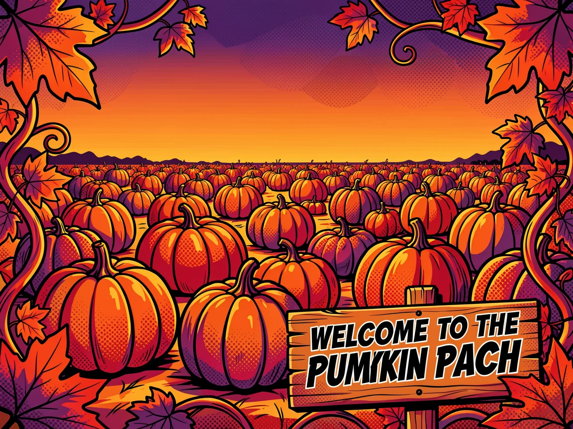 A pumpkin patch stretching across a late-day autumn field