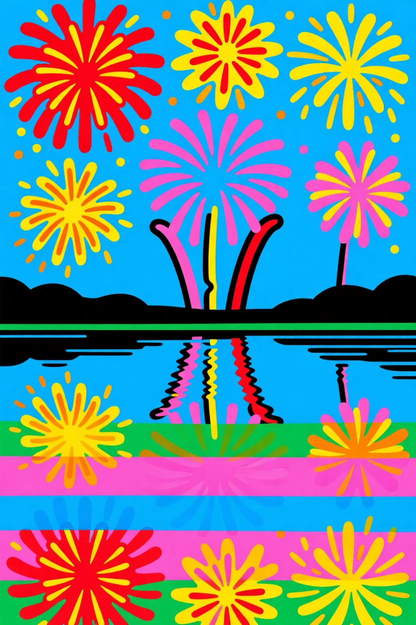 Summer fireworks reflecting on a lake