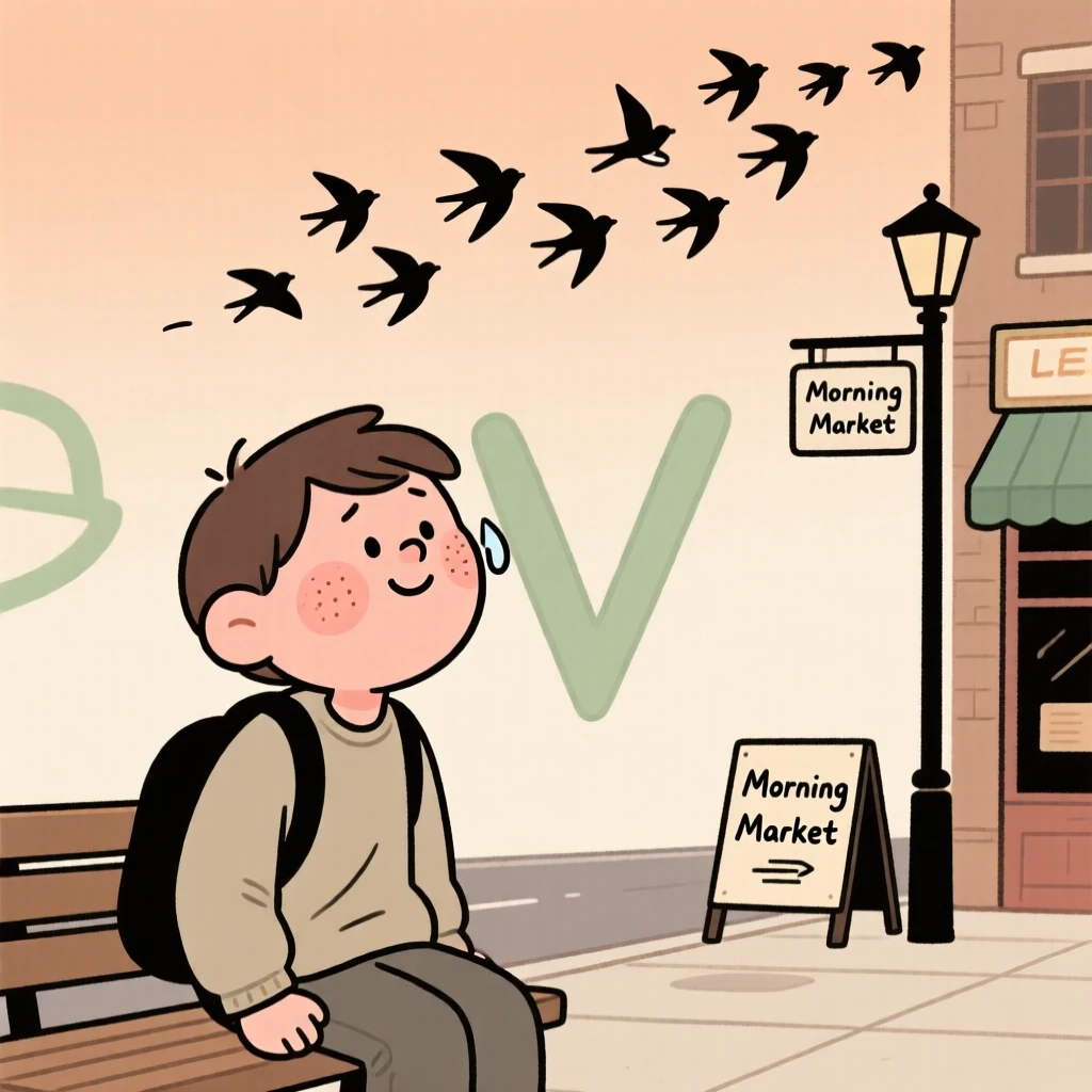 A tired commuter pauses mid-morning errands to watch a flock of birds crossing the sky, a small smile crossing their face at the simple beauty of it.