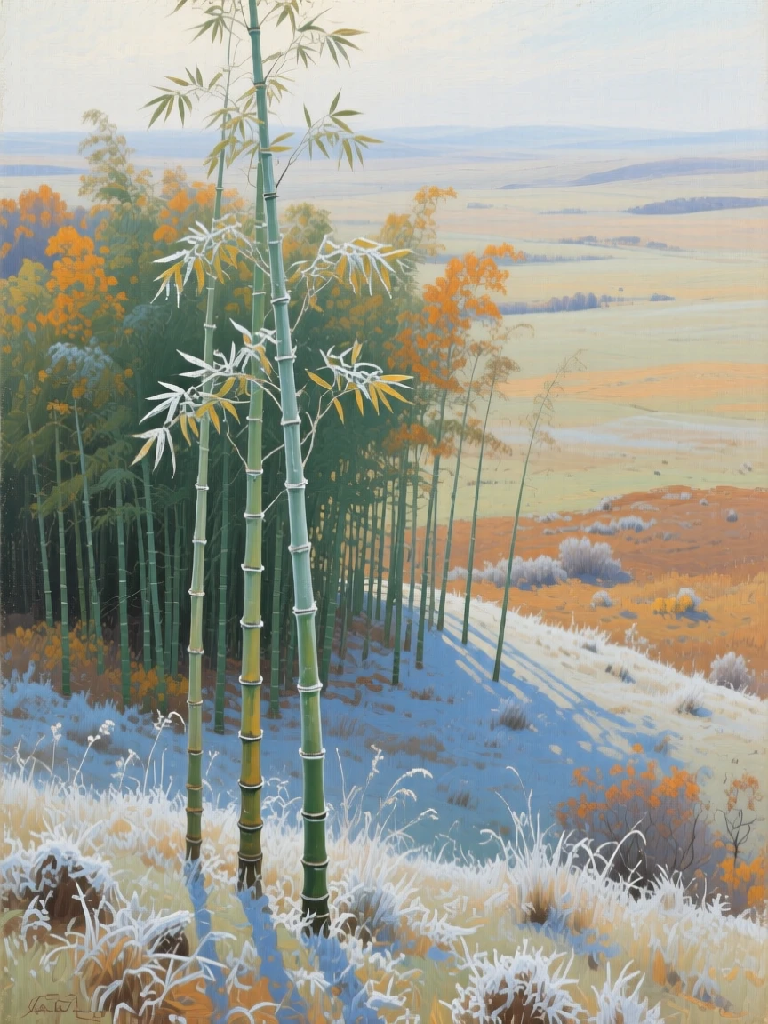 A bird's-eye view of a bamboo forest with tall stalks swaying in a gentle breeze, in the Mongolian steppe, during the first frost of autumn.