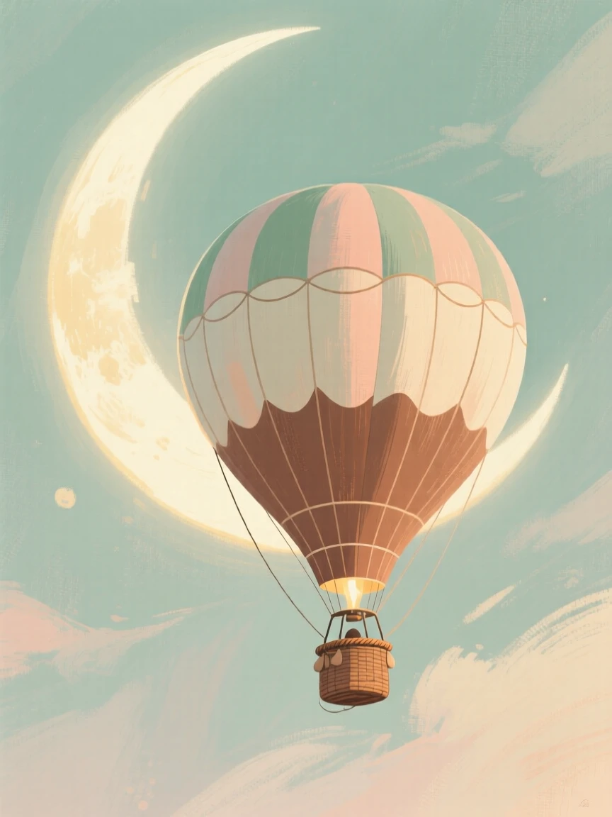 A hot air balloon drifting past a glowing crescent moon