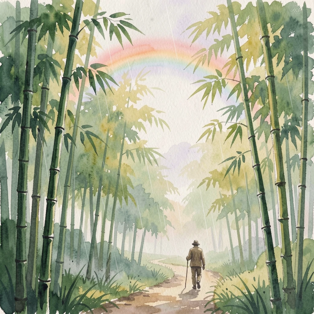 A bamboo grove beneath a rainbow after rain with a lone traveler walking a distant trail.