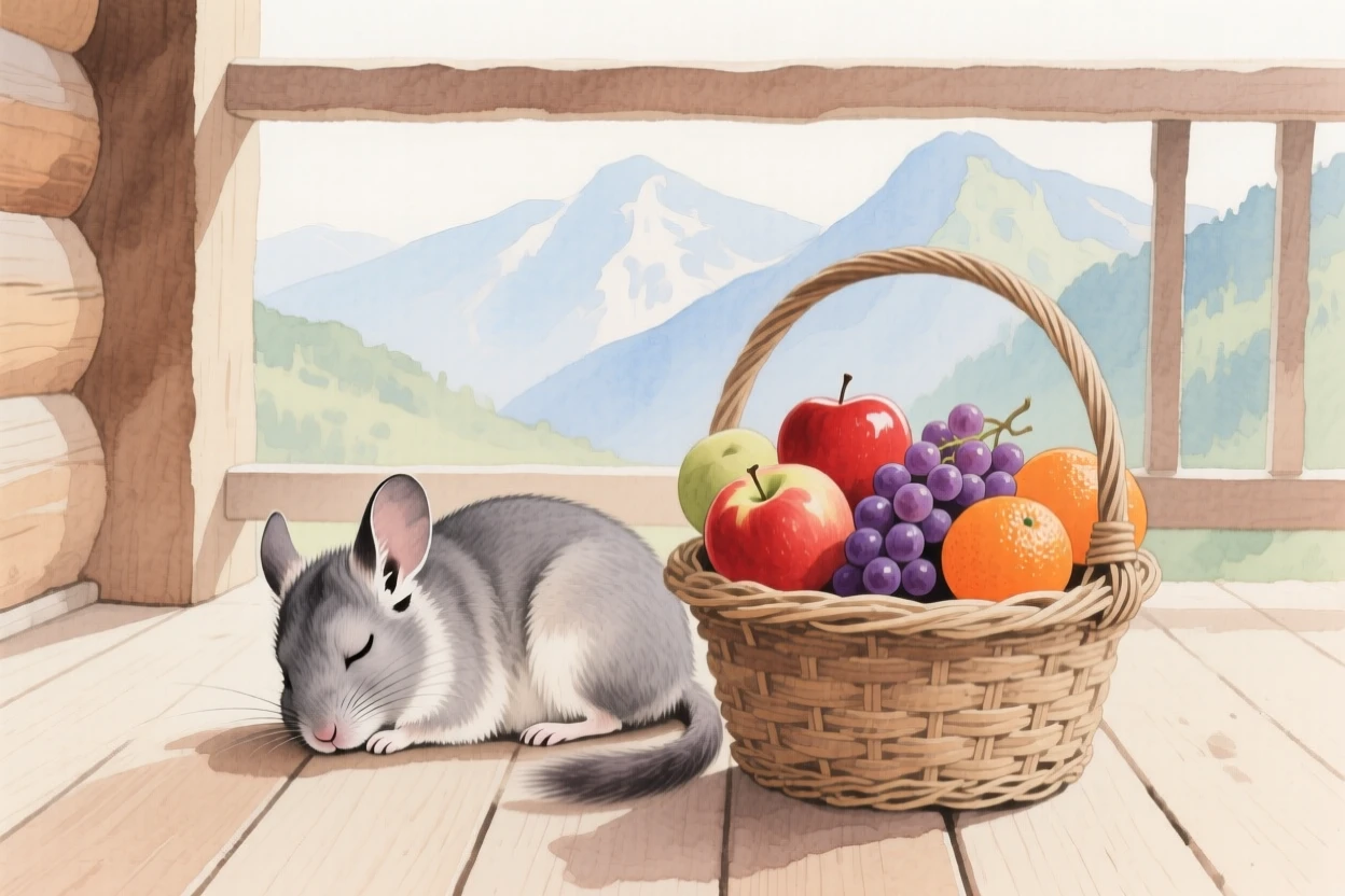 A chinchilla naps curled up in a mountain cabin porch, beside a basket of ripe fruit
