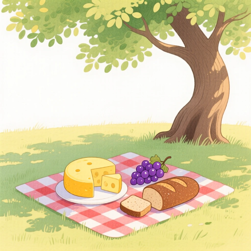 A cozy scene featuring a picnic spread of cheese, bread, and grapes under a tree.