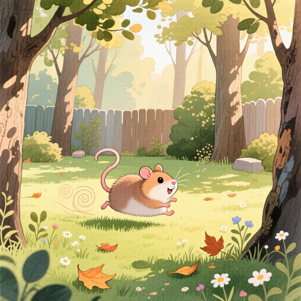 A tiny hamster chasing its own tail in a sunny backyard, set in a quiet forest clearing dappled with sunlight, brimming with cozy comfort.