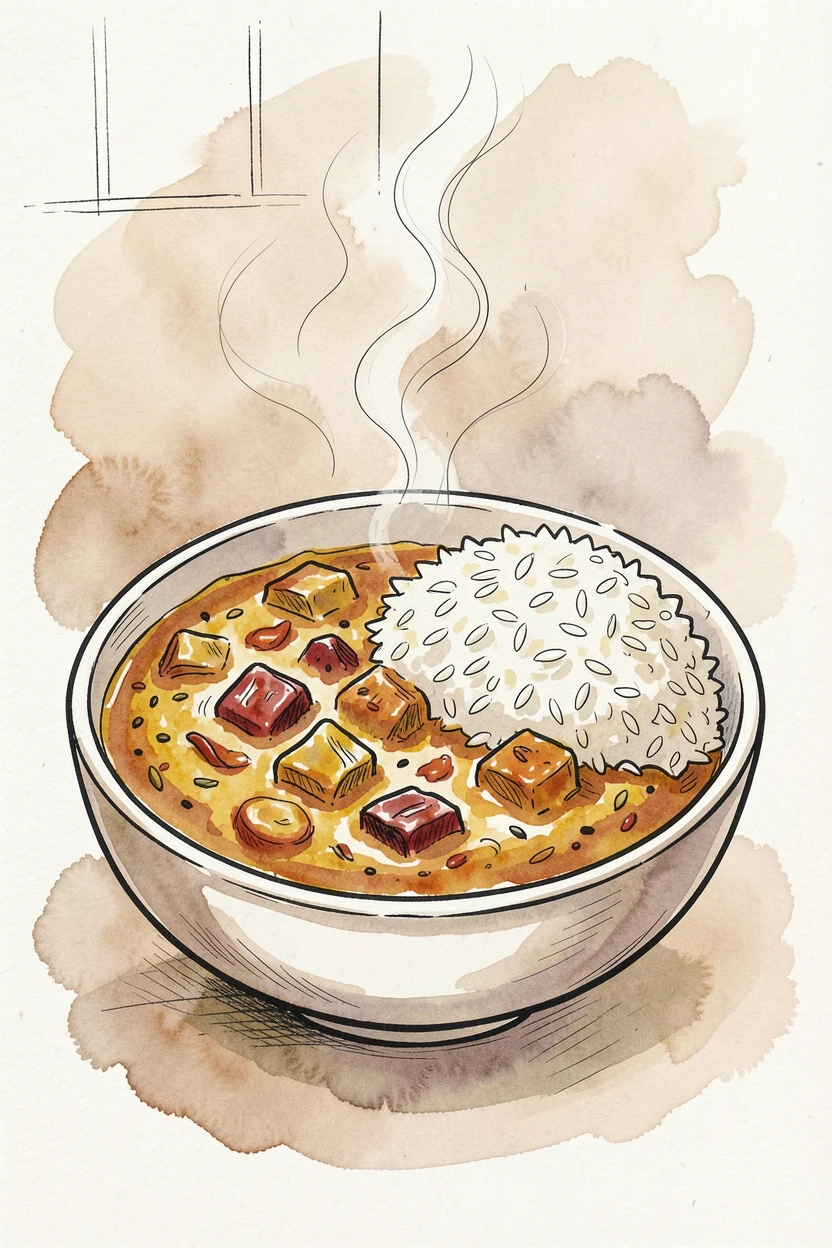 A bowl of vibrant curry served with steaming basmati rice, steam curling gently into the warm kitchen air.