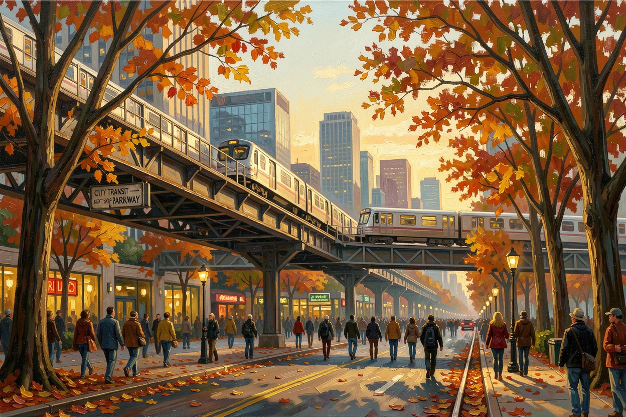 During a golden autumn evening, leaves scattered along the sidewalks, an elevated train crossing above a crowded avenue, beside a park with tall trees framing the skyline, office lights slowly switching off as evening falls.