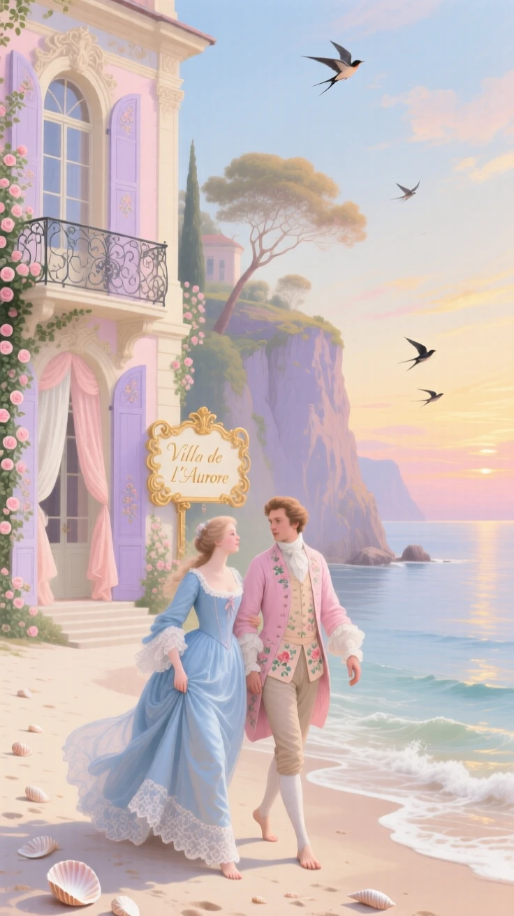 A secluded beach beside a cliffside villa at sunrise  
