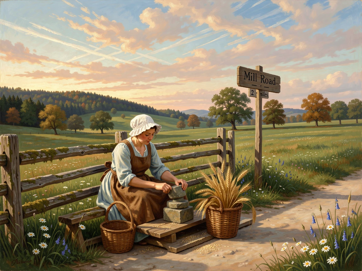 A farmer's wife grinds grain beside a fence line along a quiet country road beneath a wide summer sky.