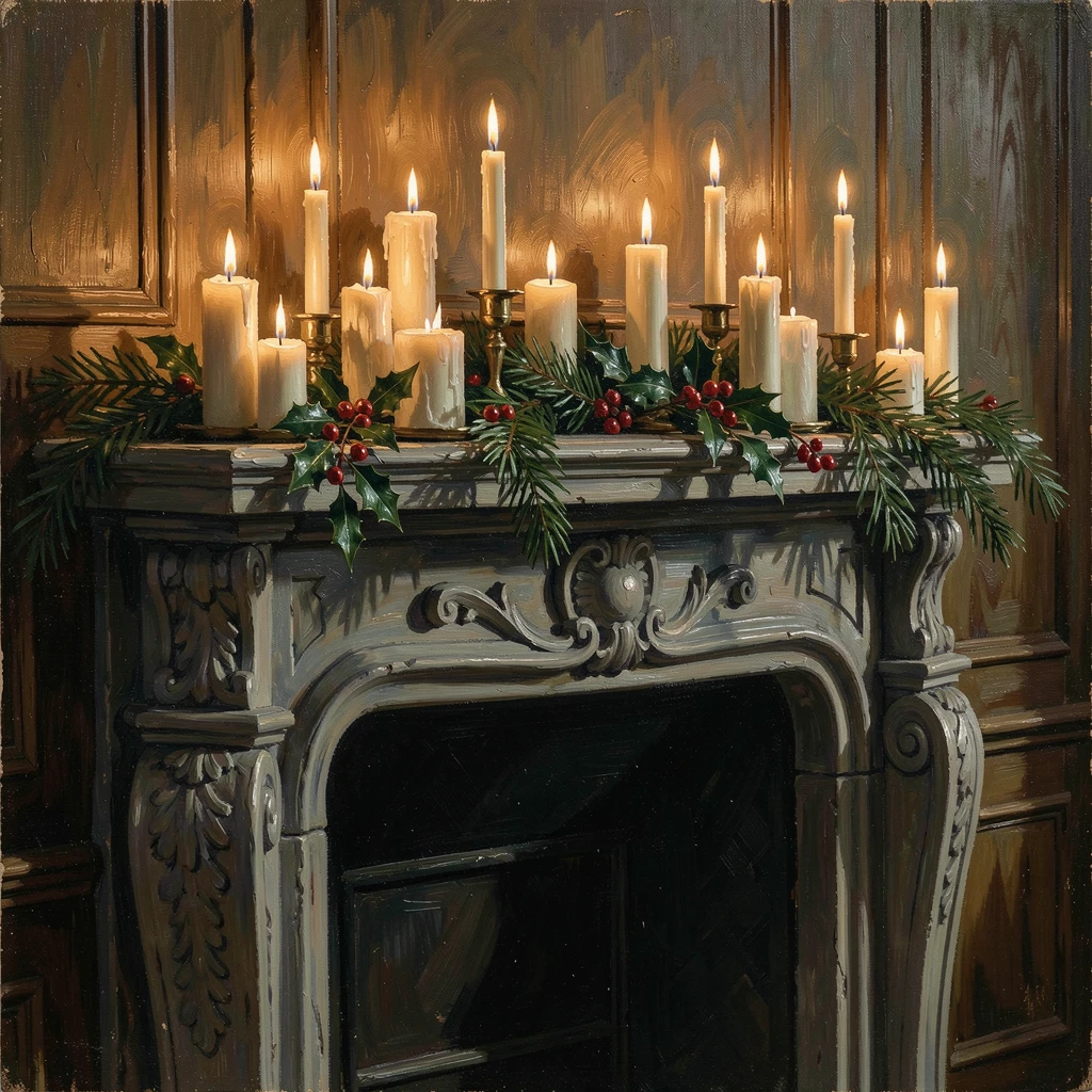 A grand fireplace mantle decorated with candles and fresh greenery, as delicate shadows fall across the surrounding surface, radiating warmth, richness, and understated opulence