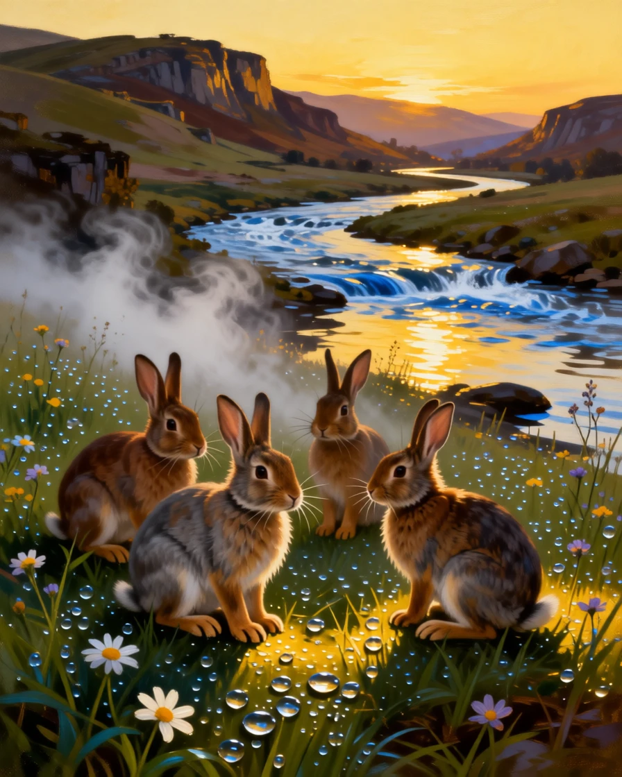 A group of rabbits gathering in a wildflower meadow at twilight as the golden light of dawn or dusk catches every detail, set beside a rushing river cutting through ancient hills, with dew-covered grass, drifting mist, and soft golden light; a low, respectful vantage point lends the creature quiet majesty, evoking wonder, majesty, and reverence for the natural world.