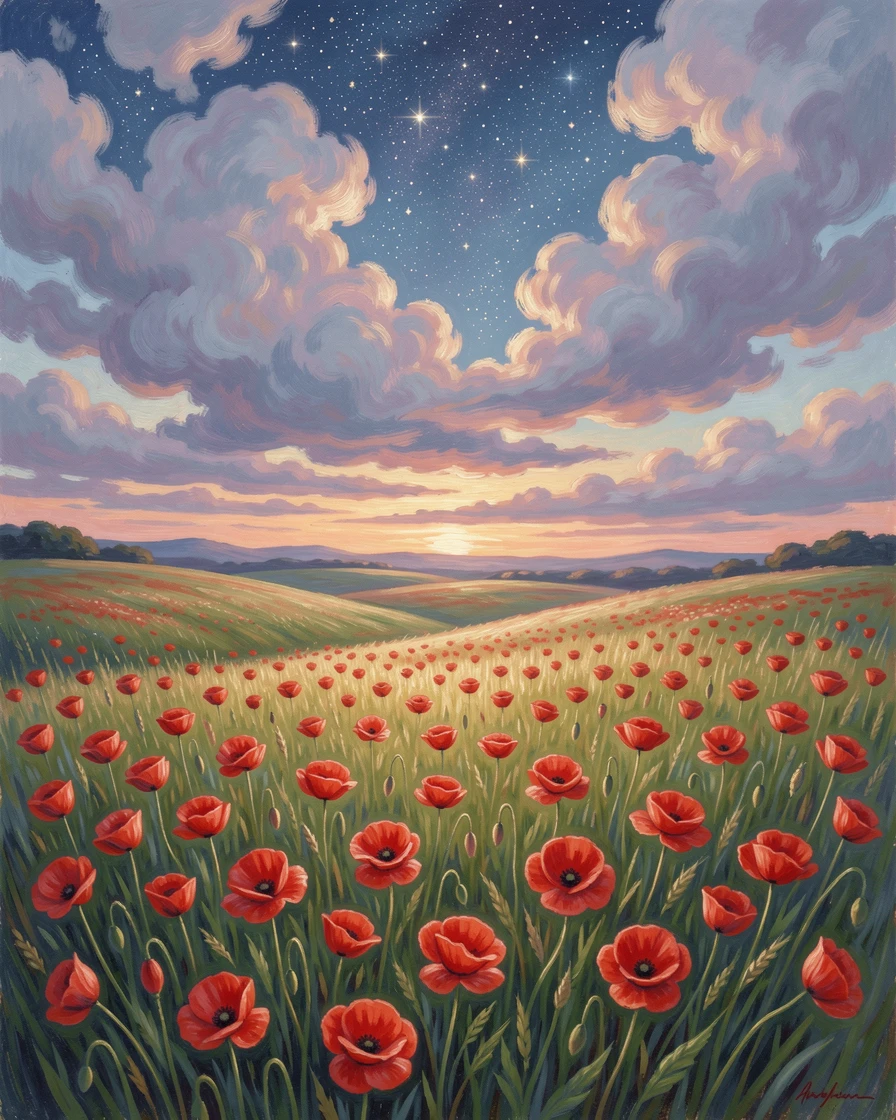 A field of blooming poppies swaying gently beneath a dramatic sky filled with drifting clouds, under a canopy of stars.