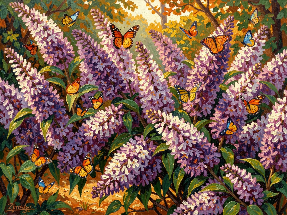A butterfly bush garden alive with fluttering wings on a warm afternoon.
