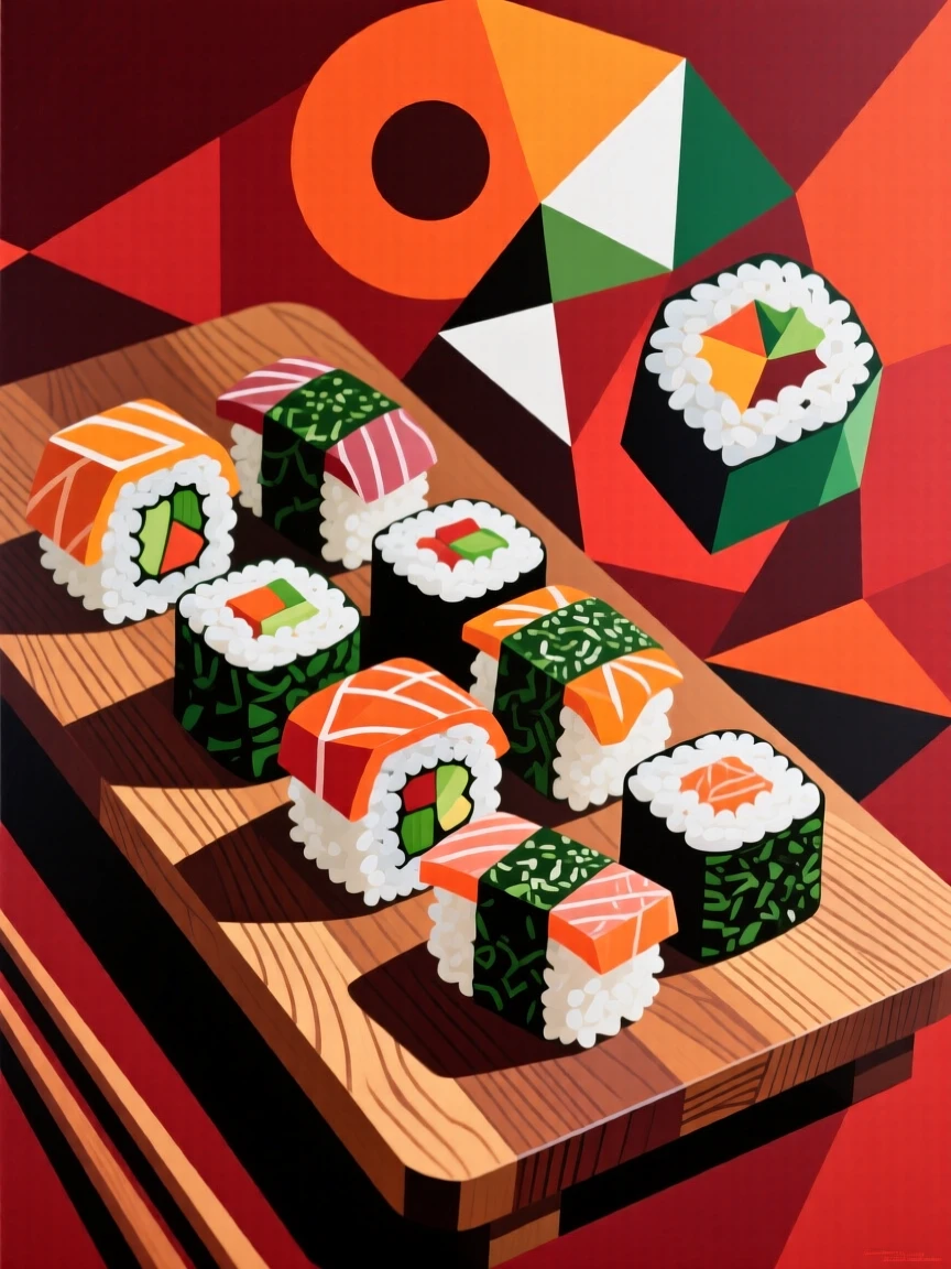 A platter of colorful sushi rolls arranged elegantly on a wooden board.