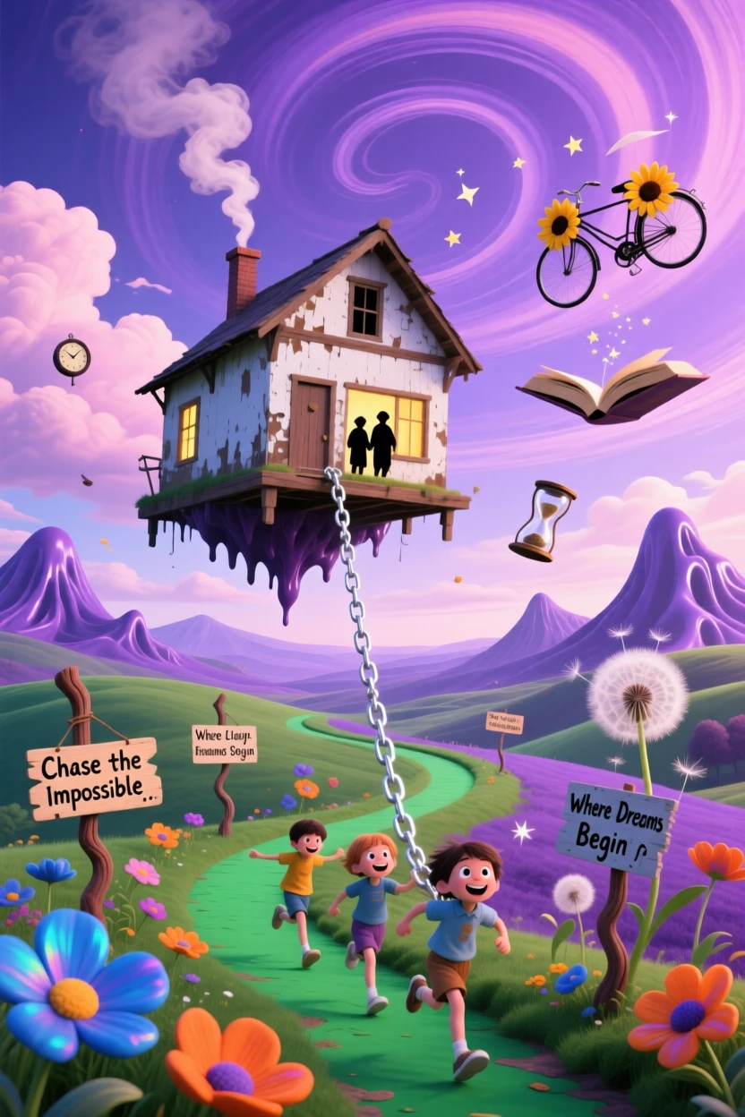 A floating farmhouse tethered by a single silver chain drifts slowly across a lavender horizon, while children run along paths that curve into the sky.