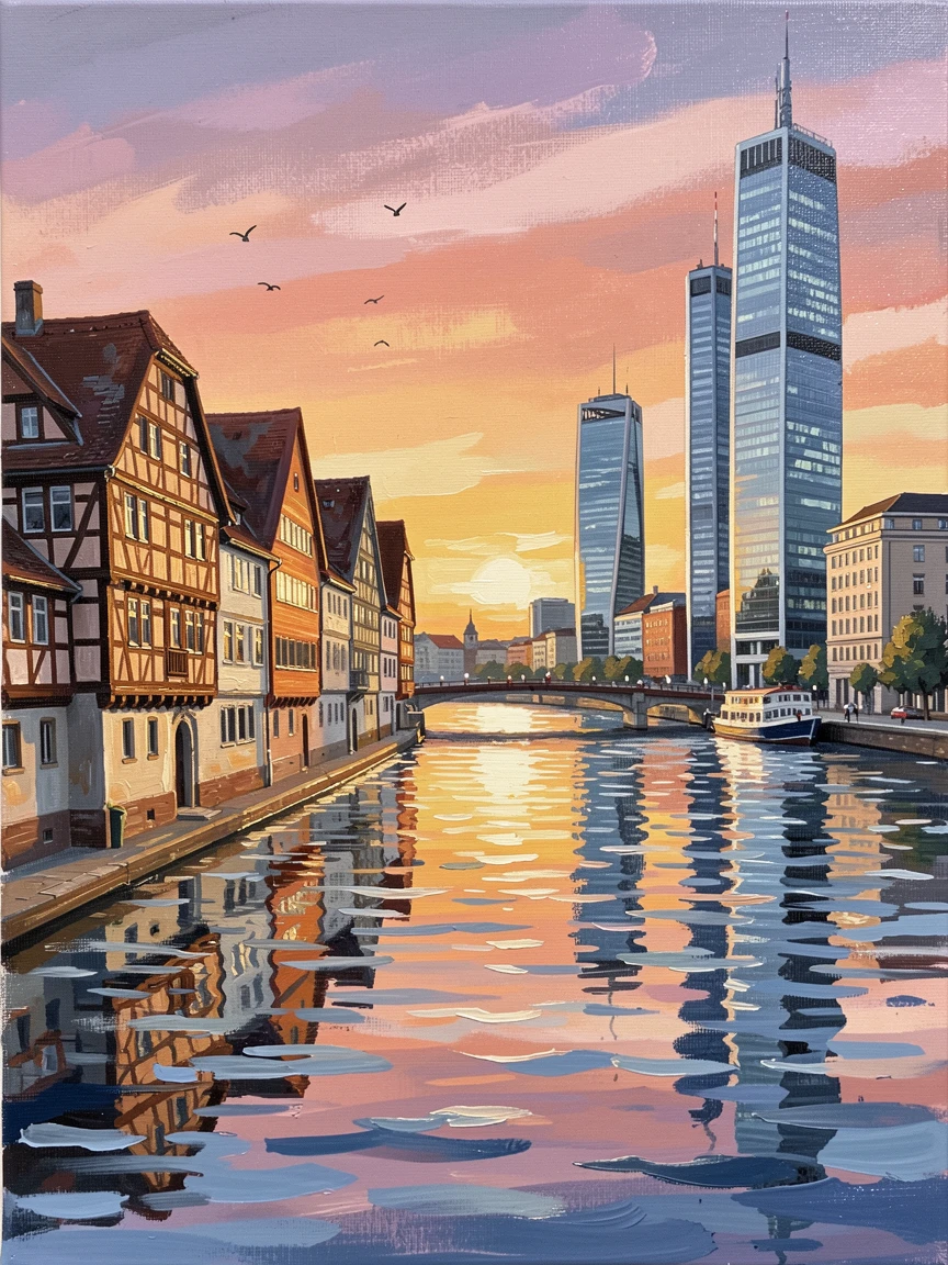 The Frankfurt skyline reflects in the Main River at sunset, historic half-timbered buildings contrasting with modern glass towers along the waterfront, with the crisp, still air carrying only the faintest sounds of distant birdsong.