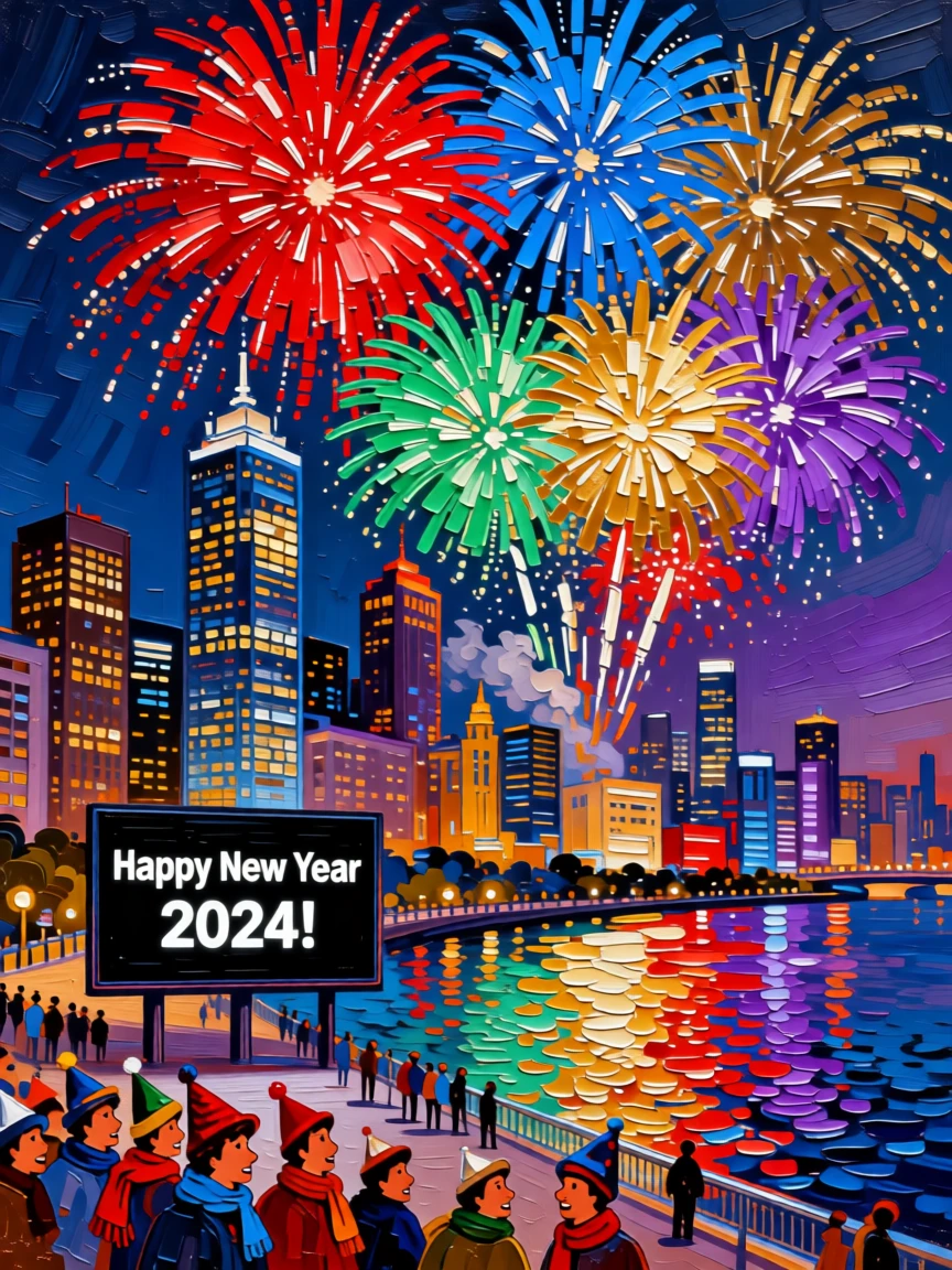Fireworks exploding in brilliant colors over a city skyline on New Year's Eve