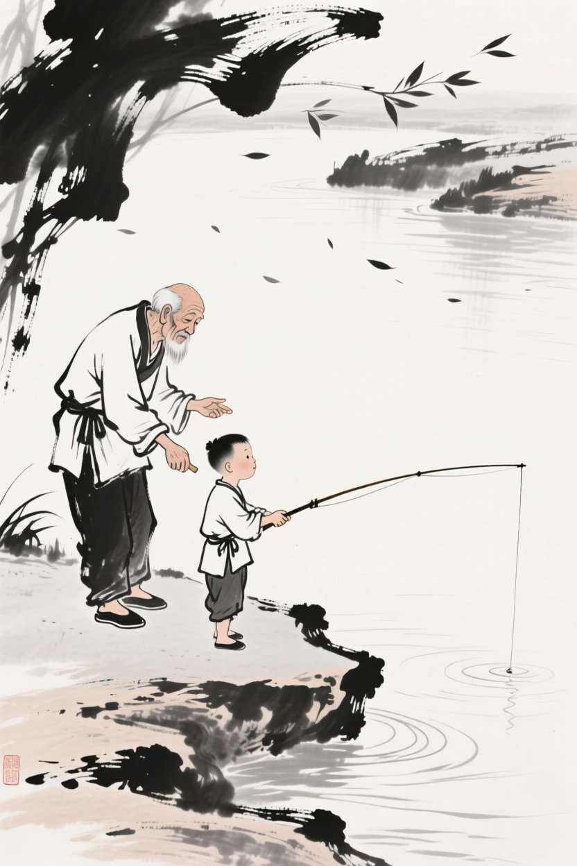 A grandfather teaches his grandson to fish along a riverbank, as a light breeze stirs the surrounding leaves.