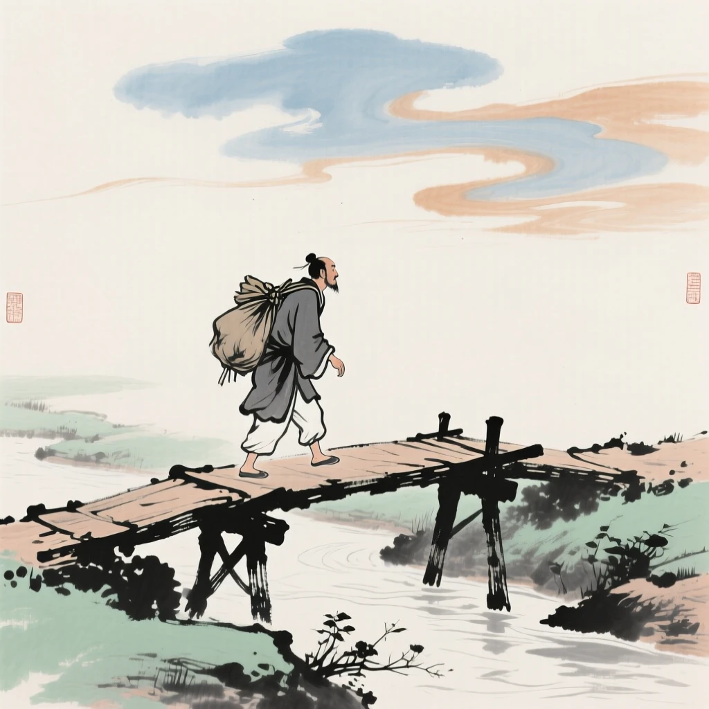 A lone traveler crossing a footbridge with a bundle over his shoulder, imbued with timeless calm, under drifting clouds.