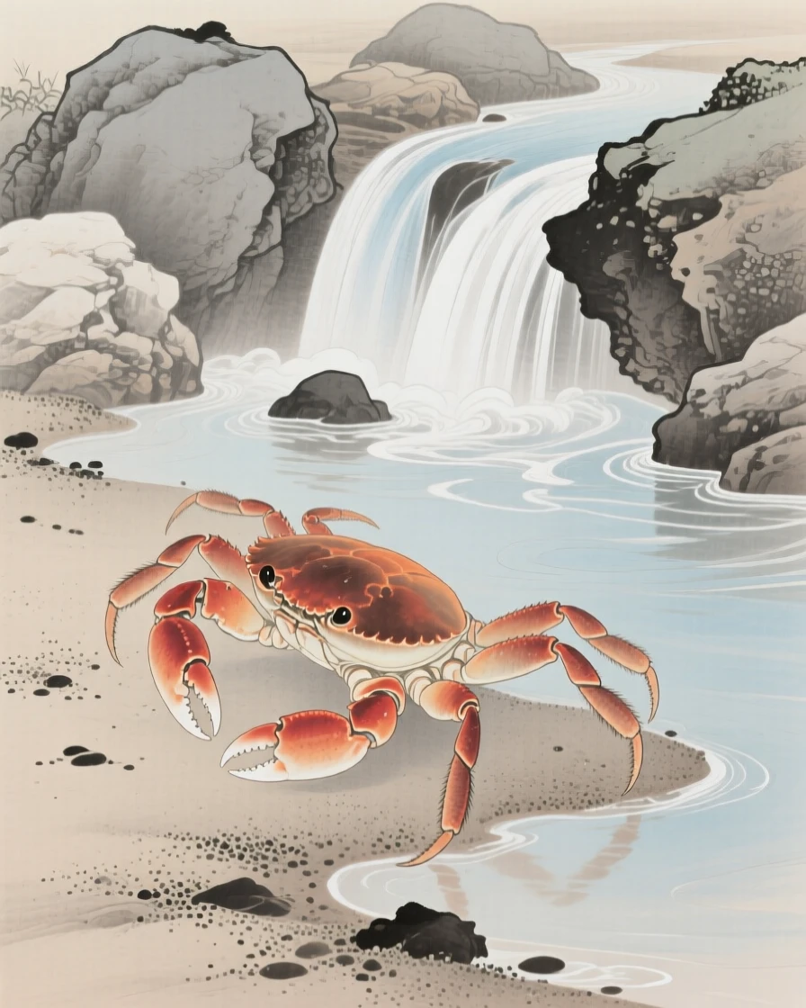 A crab scuttling across wet sand at the base of a small stone waterfall