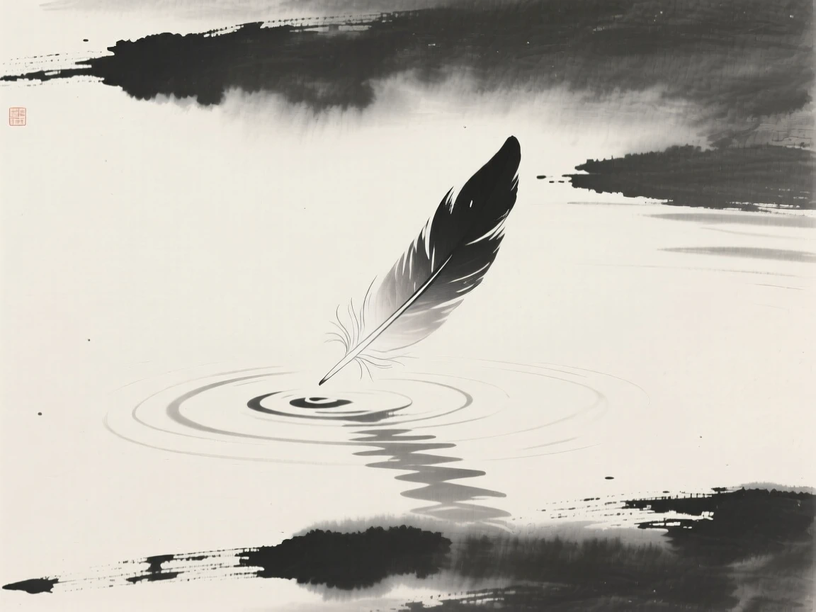 A single feather drifting down onto still water in a moment of complete stillness, framed with soft, diffused light throughout, evoking deep introspection and quiet solitude.