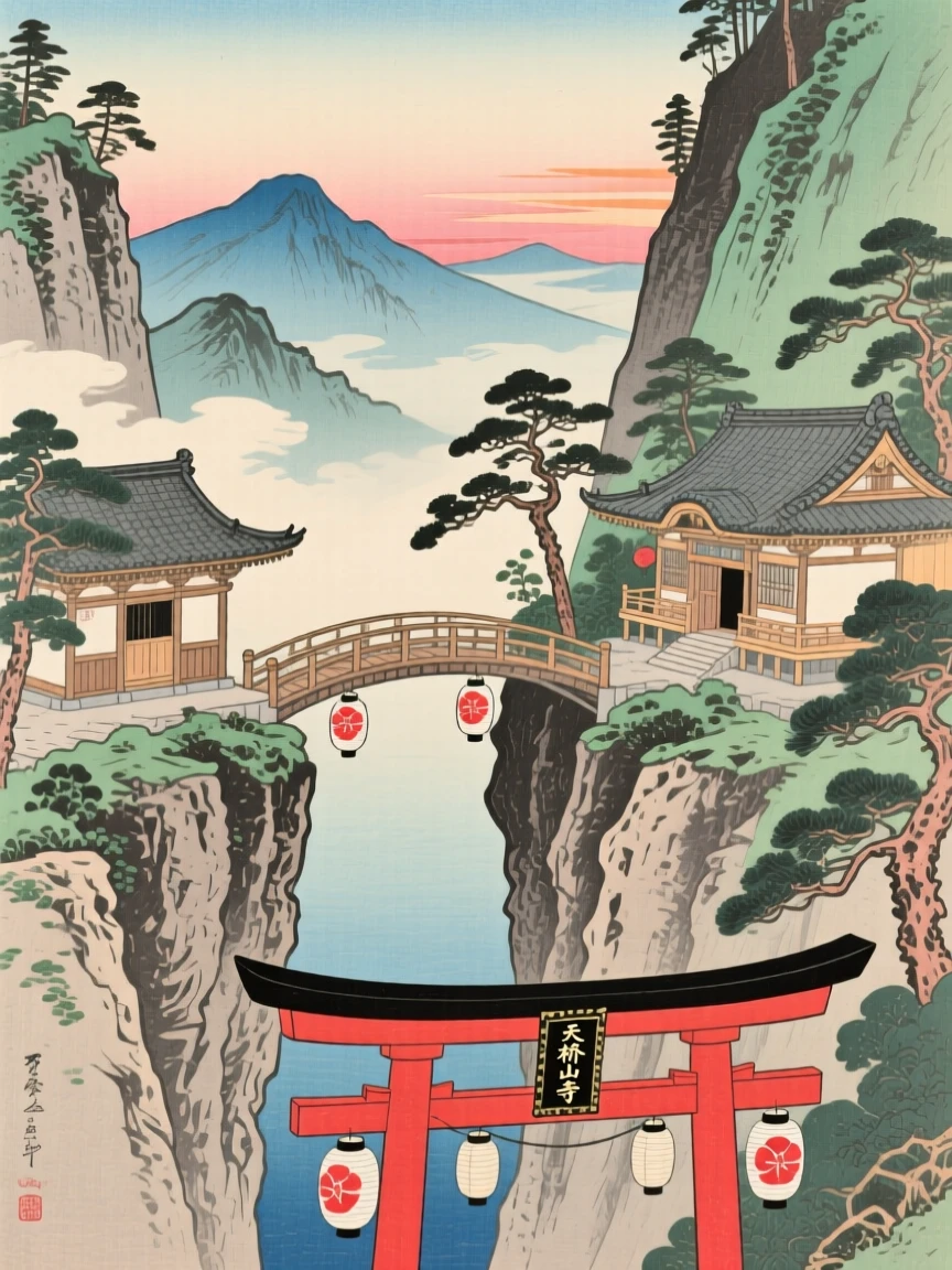 A cliffside mountain monastery spanning a deep gorge between peaks.