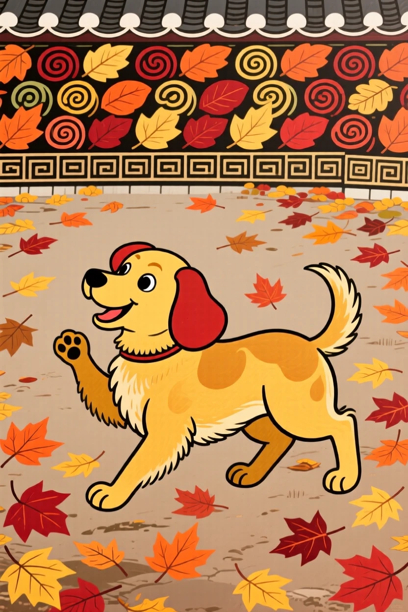 A loyal golden dog playing together in a courtyard full of fallen leaves.
