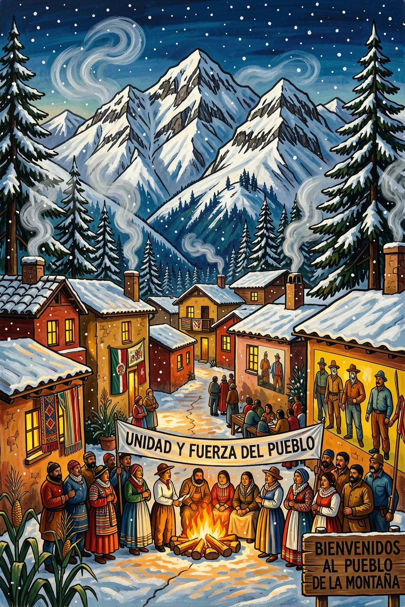 A snowy mountain village lit by warm window lights