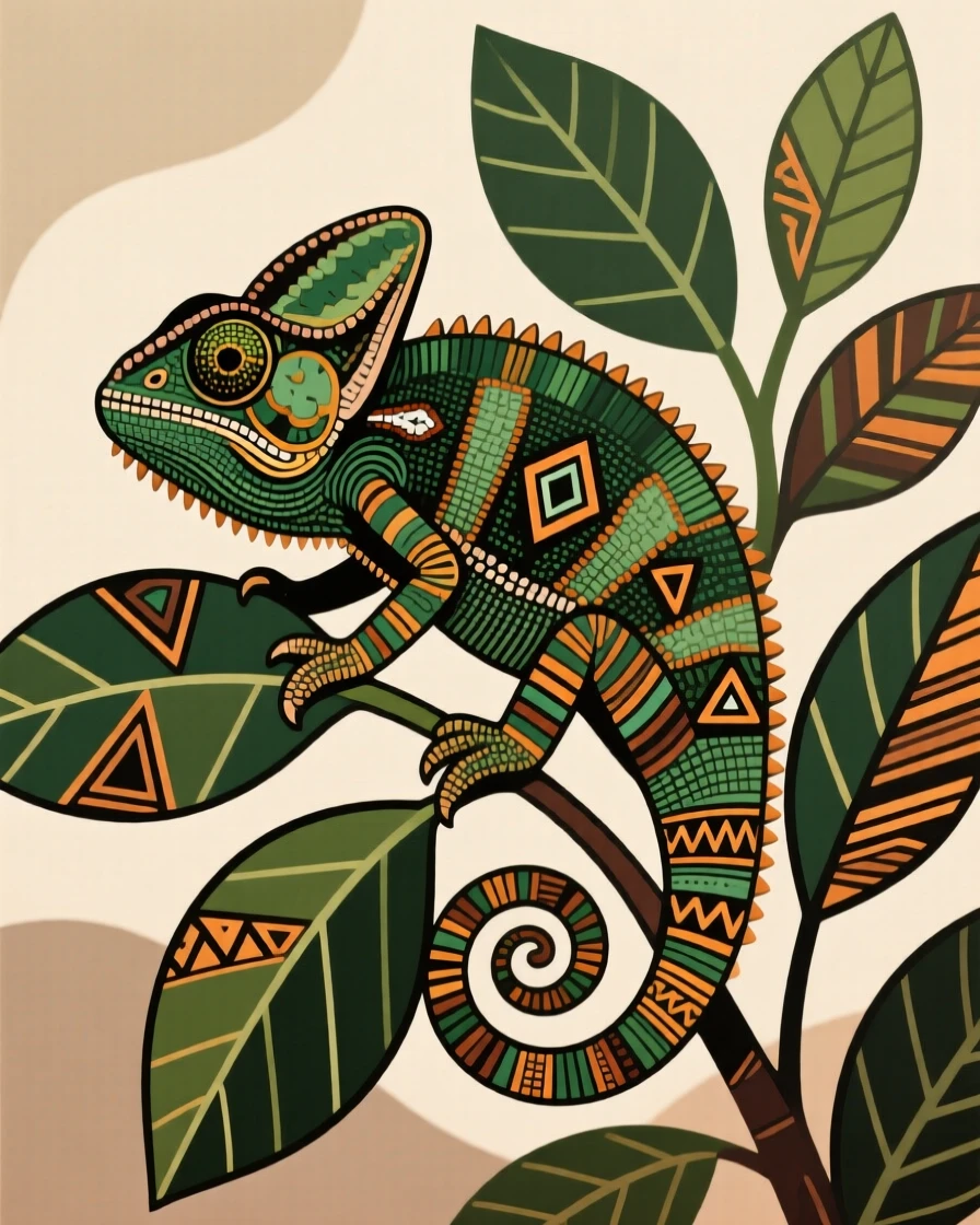 A chameleon camouflaged among green leaves.