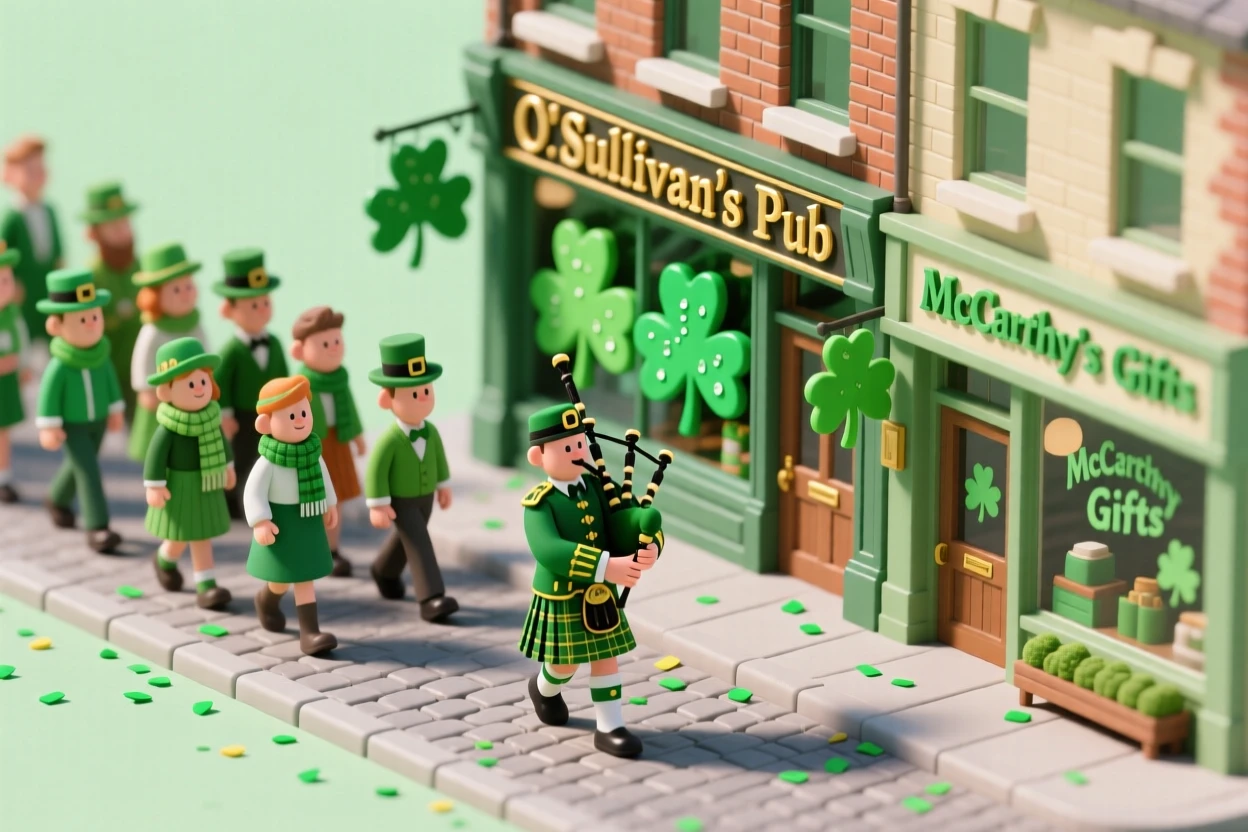 A St. Patrick's Day parade with marchers in green, a piper leading the procession, and shamrocks decorating shop windows.