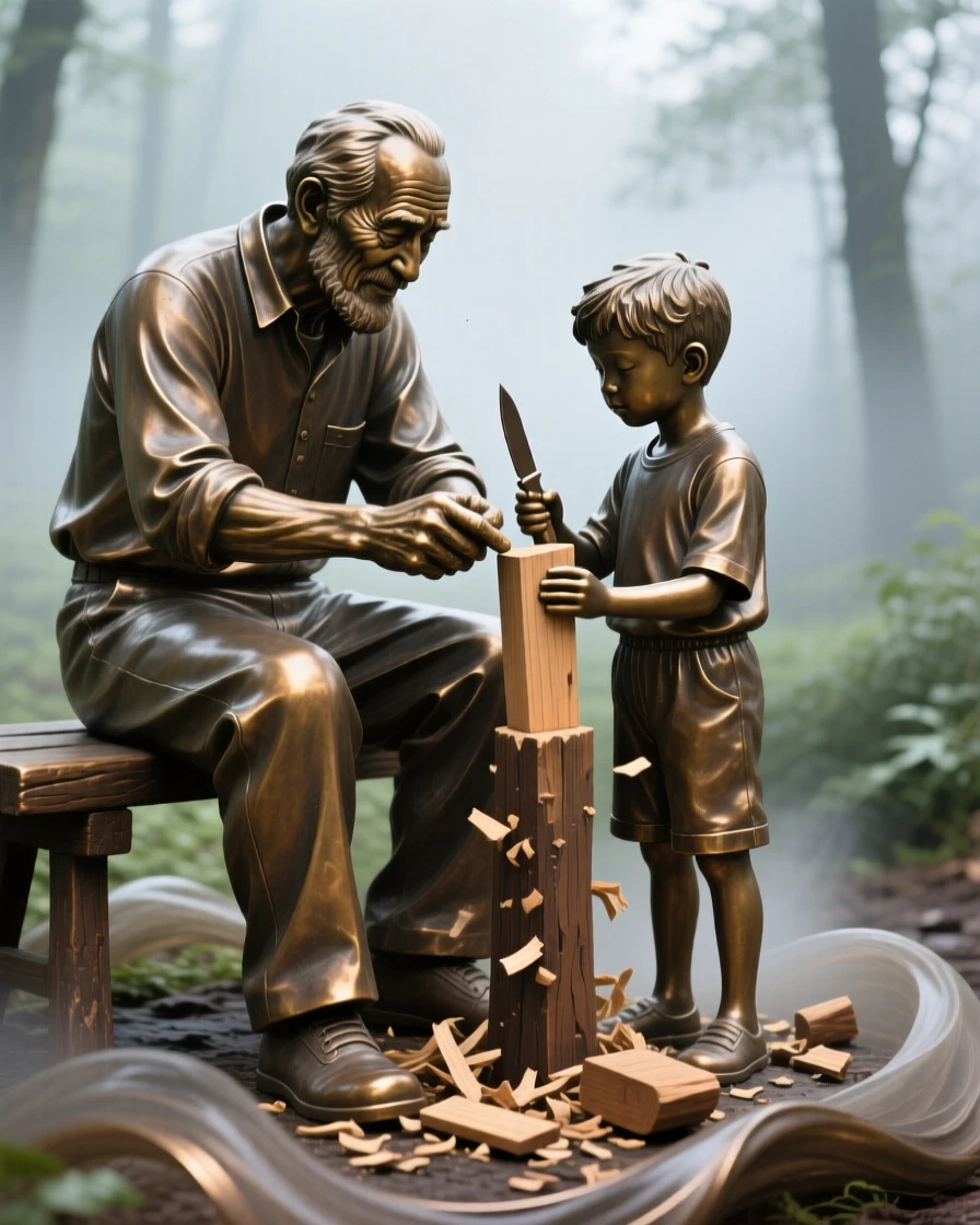 A grandfather teaching his grandson to whittle wood, framed by an atmospheric, misty backdrop, forming a strong central focal point