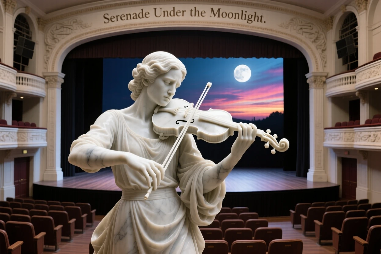 A vivid, emotionally rich scene of a violinist performing for an empty, moonlit theater, under a brilliant, colorful sky, designed to captivate and inspire