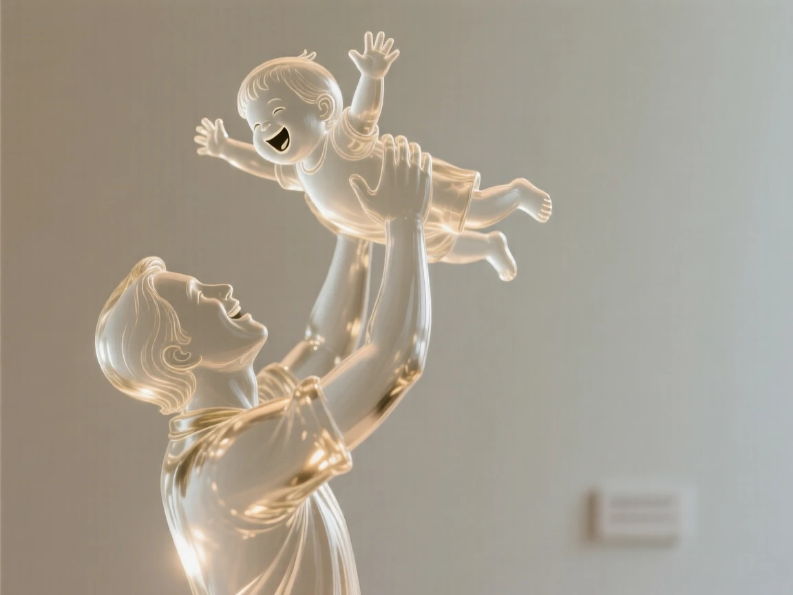 With warm light glowing softly in the background, a parent lifting a laughing child high into the air, while a warm light settles over the whole scene